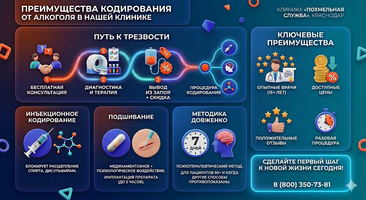 Инфографика о методах кодирования от алкоголя в Ермолино: инъекции, подшивание, метод Довженко. Преимущества клиники и этапы лечения.